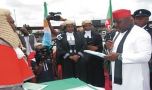  Governor Rochas Okorocha of Imo State taking oath of office during his swearing-in for a second term in office  last Friday