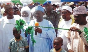 Governor Ibrahim Dank Wambo of Gombe State (middle), Inaugurating the Inuwa orphanage Foundation in Gombe last Wednesday.  With him are the Acting Secretary  to the State government, Mr James Pisaghi (left)and the immediate past Speaker, Gombe State House of Assembly and Alhaji Inuwa Garba (right).