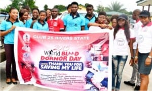 Members of Club 25 Rivers  on a road show to mark Armed Forces World Blood Donor Day in Port Harcourt last Thursday 