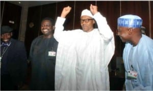 President Muhammadu Buhari (2nd right), Special Adviser to the President on Media and Publicity, Mr Femi Adesina (2nd Left), Senior Special Assistant to the President on Media and Publicity, Malam  Garba Shehu (right), and the Chairman, State House Press Corps, Mr Kehinde Amodu, after a meeting of the President with State House correspondents at the Presidential Villa, Abuja,last Monday