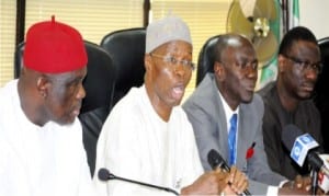 L-R: National President, Independent Petroleum Marketers Association of Nigeria (ipman), Chief Obasi Lawrence,  Permanent Secretary, Ministry of Petroleum Resources, Mr taiye Haruna, Executive Secretary, Major Oil Marketers Association of Nigeria (moman), Mr Obafemi Olawore and representative of the Group Managing Director of nnpc, Dr David Ige, at a stakeholders meeting to address the current petrol scarcity tagged: petrol queues must go, in Abuja, recently. Photo: NAN