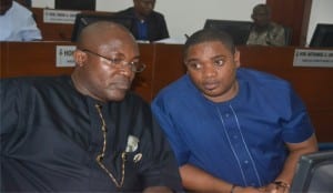 Deputy Speaker, Rivers State House of Assembly, Rt Hon Marshal Uwom (left), with  Hon Chisom P .Dike, during the sitting of the House in Port Harcourt, recently.