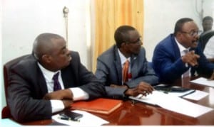 R-L: Operation Divisional Manager, Nigerian Agip Oil Company (NAOC), Dr Nwenenda Mpi, Divisional Manager, Stakeholders Management (NAOC), Dan-Jumbo and Manager Stakeholders Management (NAOC), Dan Onyeaghala, addressing the members of AD-HOC committee on Ebocha Gas explosion at the Rivers State House of Assembly, last Wednesday.