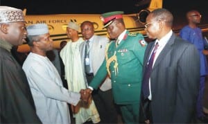 Vice President Yemi Osinbajo (2nd left), being received by the Defence Attache to Nigeria's Embassy in Ethiopia, Col. Adewale Adekoya, on arrival for the 3rd United Nations International Conference on Financing for Development, in Addis Ababa, recently.