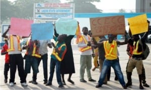 China Civil Engineering Construction company workers protesting  poor welfare packages in Lagos, yesterday 