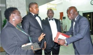 L-R:  National Vice President, Law Students Association of  Nigeria, National Open University,  Mrs Ajiboye Adenike,  President, Paul Oyemike,  National Vice President, Bassy  Nwibani and  National Director of  Programmes, Mr Eugene Ogbonna, at the first national grand  dinner in honour of  Law graduates of  the university in  Abuja  on Monday.