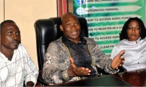 L-R: Project Coordinator, ACE Agricultural Consulting, Mr Oluwadamilohun Osinbajo, Chairman, Agriculture and Non-Oil Sector, Lagos Chambers of Commerce and Industry (LCCI), Comrade Wale Oyekoya and Project Coordinator, Bama Foods, Baturiya Joseph, at a news conference on Enforcement of Banned Poultry Products by Federal Government in Lagos last Monday