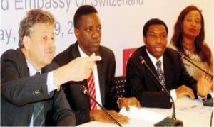 L-R: Ambassador of Switzerland to Nigeria, Dr Hans-Radolf Hodel, representative of the Managing Director, Nestle Nigeria Plc, Mr Sola Akinyosoye, Head, Corporate Communications, Nestle Nigeria Plc, Dr Adenekan Samuel and the Executive Manager, Stakeholder Relations, at a news conference on Nestle Technical Training Scheme in Abuja on Wednesday.