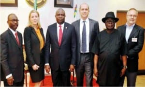 Governor Akinwunmi Ambode of Lagos State (3rd left), President, Walmart - Europe, Middle East, Africa and Canada, Mrs Shelly Broader (2nd left), Chief Executive Officer, Massmart Holdings Ltd, Mr Guy Hayward (3rd right) and others, during a buisness meeting between Walmart Group and Governor Ambrode in Lagos, yestereday.