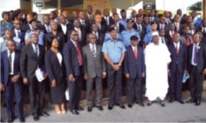 Inspector General of Police  Solomon Arase (6th left), Solicitor-General of the Federation, Mr Abdullahi Ahmed-Yola (5th left), Director-General, Nigeria Institute of Advanced Legal Studies, Prof. Adedeji Adekunle (4th left), Chief Judge of  FCT, Justice Ishaq Bello (4th right),  DIG,  Department of Criminal Investigation,  Dan'Azumi  Doma (3rd right) and other members of Nigeria Institute of Advanced Legal Studies, at a training workshop on Effective Implememtation of the  Administration of Criminal Justice Act and Violence Against Persons Prohibition Act organised for the Nigeria Police in Abuja on Monday 