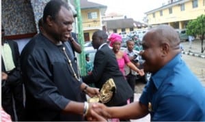 Rivers State Governor, Chief Nyesom Wike (right), exchanging pleasantries with former Chief of Army Staff, Lt. General Kenneth Minimah, former Chief of Army Staff, during the wedding ceremony of his daughter at St. Cyprian Anglican Church, Port Harcourt on Saturday.