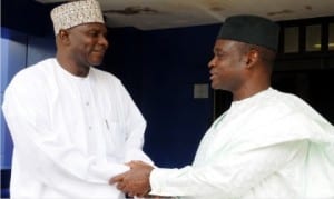 The Editor-in-Chief, News Agency of  Nigeria (NAN), Mr Lawal Ado (left), welcoming Director-General, Small and Medium Enterprises Development Agency of Nigeria (SMEDAN), Alhaji Bature Masari, to NAN Headquarters in Abuja on Tuesday.