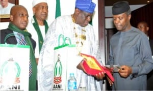 L-R: Vice President, Alumni Association of National Institute for Policy and Strategic Studies (AANI), Dr Garba Tetangi, a member of the association, Alhaji Ismaila Isa Funtua, President of AANI,  Maj-Gen. Lawrence Onoja (rtd), and Vice President Yemi Osinbajo, during a courtesy call on the Vice President at the Presidential Villa in Abuja on Wednesday