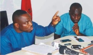 President, Ijaw Youths Council, (IYC), Mr  Udengs Eradiri (left), addressing a news conference in support of the ongoing restructuring of the oil and gas sector, in Yenagoa on Tuesday. With him is the  IYC spokesman,  Mr Eric Omare.