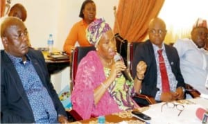 L-R: Delta State Commissioner for Environment, Mr John Nani, Permanent Secretary, Federal Ministry of Environment, Mrs Nana Fatima, Director-General, Nigeria Hydrological Services Agency, Mr Moses Beckley and Benue State Commissioner for Water Resources and Environment, during a news conference on the 2015 floods agenda in Abuja, recently.