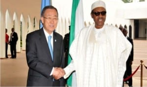 President Muhammadu Buhari (right), welcoming the Secretary-General of United Nations, Mr Ban Ki-Moon, to the Presidential Villa in Abuja on Monday