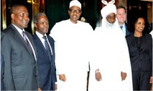 L-R: Chairman, Dangote Group of Companies, Alhaji Aliko Dangote; Vice President Yemi Osinbajo, President Muhammadu Buhari, Emir of Kano, Mahammadu Sanusi II and others, during a courtesy visit by members of the Blackstone Africa Infrastructure, at the Presidential Villa in Abuja on Friday