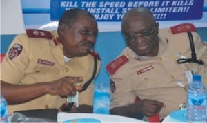 Zonal Commanding Officer, Federal Road Safety Commission (FRSC) Mr. B. Darwang (right), the Sector  Commander, Mr. A.A. Kumapayi, during the Stakeholders/Fleet Operation Forum in Port Harcourt, recentlyPhoto: Nwiueh Donatus Ken                                                                                                         