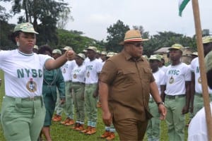 Secretary to Rivers State Government,Chief Kenneth Kobani (3rd right), inspecting a guard of honour mounted by National Youth Service Corps (NYSC), Batch C members, during their passing out parade in Port Harcourt, yesterday