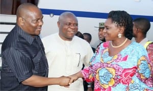 Rivers State Executive Governor, Chief Nyesom Wike (left), being received by his Deputy,  Dr. (Mrs) Ipalibo Harry-Banigo on his arrival at the Port Harcourt International Airport, after the verdict of the Governorship Election Tribunal sitting in Abuja on Saturday. With them is former Deputy Speaker, House Representatives, Hon. Austin Opara, 