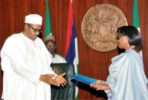 President Muhammadu Buhari (left), receiving a report on the Polio Eradication Status of Nigeria from representative of the Director-General,World Health Organisation/Regional Director for Africa, Dr Matshidiso Moeti, during a meeting at the Presidential Villa in Abuja on Monday