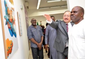 ‘Ambassador of Mexico to Nigeria, Mr Marco Blanco (2nd right), pointing at an artwork exhibited, during the Universal Declaration of Human Rights in Local Languages celebration  in Abuja on Tuesday. With him are the Executive Secretary, National Human Rights Commission, Prof.Ben Augo ( 2nd left) and Director-General, National Orientation Agency, Mr Mike Omeri (right).