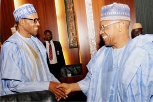 President Muhammadu Buhari (left), in a handshake with  former Military President, Ibrahim Babangida, at the maiden National Council of State meeting, at the Presidential Villa in Abuja on Wednesday.