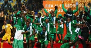  Golden Eaglets celebrating with the cup after their victory in Vina Del Mar, Chile, this morning.  