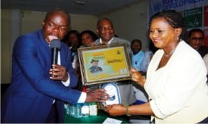 L-R: President, Sustainable Development Goals, Mr Emma Nkweke (left), presenting an award to Rivers State Deputy Governor, Mrs Ipalibo Harry-Banigo, at the inauguration of the United Nations Sustainable Development Goals Awareness Campaign in Port Harcourt, recently.