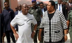 L-R: Rivers State Governor, Chief Nyesom Wike (2nd left), with the President of the Rivers State Customary Court of Appeal, Justice Christy Gabriel-Nwankwo , during his inspection of the Obio Customary Court premises in Port Harcourt, yesterday. Inset is the Governor, inspecting the level of work at the forth-floor of the Court Annex in Port Harcourt 