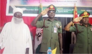 L-R: Emir of Hadejia, Alhaji Adamu Make, Chief of Army Staff, Lt.-Gen. Tukur Buratai and Chief of Defence Staff, Gen. Abayomi Olanushakin, at the 2015 Chief of Army Staff Annual Conference in Dutse, Jigawa State on Monday