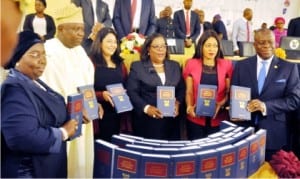 L-R: Lagos State Deputy Governor, Dr Idiat Adebule, Governor Akinwumi Ambode of Lagos State, Managing Director, Africa, Thomson Reuters, Sneha Shah, Lagos State Chief Judge, Justice Funmilayo Atilade, Chairman, Lagos State House of Assembly Committee on Judiciary, Mrs Funmi Tejuosho and Lagos State Attorney-General and Commissioner for Justice, Mr Adeniji Kazeem, at the launch of Laws of Lagos State 2015 by the governor  in Lagos, recently