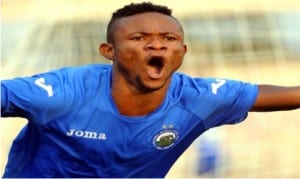 Kinglsey Sokari celebrating after  he won the seventh league title with Enyimba