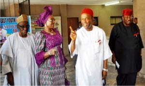 L-R: Former Minister of State for Science and Technology, Alhaji Abdulahi Ibrahim, former Minister of Science and Technology, Mrs Pauline Tallen, the Minister of Science and Technology, Dr Ogbonnaya Onu and former Minister of Science and Technology, retired Maj.-Gen. Sam Momah, during the meeting of the Minister of Science and Technology and the Permanent Secretary with former Ministers of Science and Technology, in Abuja, yesterday.