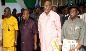 L-R: Rivers State  PDP Chairman, Bro Felix Obuah, Rivers State Governor, Chief  Nyesom  Wike,  former NBA National President,  Chief OCJ Okocha, SAN,  and  Chairman of Greater Port Harcourt Development Authority,  Chief Ferdinand Alabrabra, at the Rivers State PDP secretariat  in Port Harcourt after the commissioning of the  ultra modern multi purpose hall, yesterday