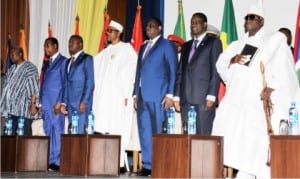 L-R: Presidents John Mahama of Ghana, Boni Yayi of Benin Republic, Faure Gnassingbe of Togo, Muhammadu Buhari of Nigeria and Macky Sall of Senegal, President of Economic Community of West African State (ECOWAS) Commission, Kadre Ouedraogoa, and President Yahya Jammeh of Gambia, at the 40th anniversary of ECOWAS in Abuja,yesterday