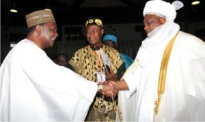 ECOWAS' distinguished awardee and former Nigeria’s Head of State, Gen. Yakubu Gowon  (rtd) (left), being congratulated by Sultan of Sokoto, Alhaji Sa'ad Abubakar III, at the 40th anniversary of Economic Community of West African State (ECOWAS), in Abuja, yesterday