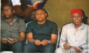 Mene Bon Bomu, HRH Charles Tenalo (right), Chairman, Caretaker Committee, Gokana Local Government Area, Hon Austine Soh (middle) and Divisional Police Officer, Kpor Police Station, Mr Charles Ogun, during a peace meeting in Bomu community, recently.  Photo: Chris Monyanaga