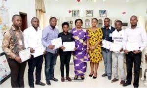 Rivers State Deputy Governor, Dr (Mrs) Ipalibo Harry Banigo (middle), her SSA, General, Mrs Ine Gogo Fubara (4th right) and beneficiaries of Engineering Graduate Trainees Programme sponspored by the deputy governor, during their “Thank You visit” to Government House, in Port Harcourt, yesterday.