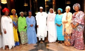 L-R: National Patron, Women in Politics Forum (WIPF),  Iyom Josephine Anenih, Treasurer, Mrs Ezinne Agbiogwu, Vice-President, North, Hajiya  Hafsat  Mohd-Baba,Vice-President, South, Mrs Sharon Ikeazor, President Muhammadu Buhari,  Minister of  State for Foreign Affairs. Hajiya Khadijat Buka Ibrahim, WIPF President, Mrs Ebere  Ifendu, Secreetary, Hajiya Fatima Saleh,  Chief Executive Officer, Nigerian Women Trust Fund, Mrs Olufunke Baruwa, during the visit of  the forum to the Presidential Villa in Abuja on Friday