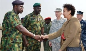 L-R: Deputy Director, Equipment Procurement, Ahq Brig.-Gen Abdul  Masanawa, Representative,  Minister of Defence, Maj.-Gen Barry Ndiomu, Defence Attache, US Embassy, Col. Patrick Doyle, Public Affairs Officer, US Consulate Lagos, Dehab Ghebreab, during the US donation of 24 Armored Personnel Carriers to Nigeria in Lagos, yesterday