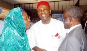 L-R: Permanent Secretary, Federal Ministry of Science and Technology, Dr  Lawal Habiba; Minister of Science and Technology, Dr Ogbonnaya Onu and the  President, Nigeria Academy of Engineering (NAE), Prof. Raifu Salawu, during a courtesy visit of NAE's delegation to the Minister  in Abuja, yesterday