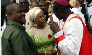 L-R: Rivers State Governor, Chief Nyesom  Wike, his wife, Justice Suzzette and the Archbishop of Anglican Church, Niger Delta Province,Archbishop Ignatius Kattey, at the Inter-denominational service to mark the 2016 Armed Forces Remembrance Day in Port Harcourt  on Sunday.