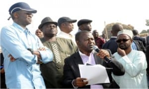 Permanent Secretary, Plateau State Ministry of Works, Mr Sunday Hyat (2nd right), briefing the Minister of Power, Works and Housing, Mr Babatunde Fashola (left), on the bridge being constructed at the Secretariat Junction in Jos, during the Minister’s verification and inspection visit to federal government projects in Plateau State on Wednesday. With them are Plateau State Commissioner for Works, Pam Dongs (2nd left) and Director of Highways, Federal Ministry of Power, Works and Housing, Mr Bala Dansheu.