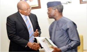 Vice-President Yemi Osinbajo (right), in a handshake with Regional Senior Partner, West Africa, Price Waterhouse Coopers (PWC), Mr Uyi Akpata,  during a meeting at the Presidential Villa in Abuja on Friday