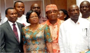 L-R: Minister of Niger Delta Affairs, Usani Uguru Usani, Permanent Secretary, Wakama Belema, Paramount Ruler of Eneka, Port Harcourt, Prof. Rowland Woko, Former pdp National Publicity Secretary, Emmanuel Ibeshi and National Chairman, National Association of Community Leaders of nine Oil Producing States, Mr Ishmael Oputu, during the visit of the members of the association to the Minister in Abuja on Monday