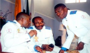 L-R: Superintendent-General, Civil Chaplaining Ministry, Nigeria, Rev. (Dr.) Success U. Ekebuisi, National Director of Foreign Mission Affairs, Rev. (Dr.) Daddy-Sun Ibulubo and Rivers State Co-ordinator, Civil Chaplaincy Ministry, Nigeria, Chaplain Gospel F. Ibulubo, at a thanksgiving service for commissioned chaplains in Port Harcourt, recently