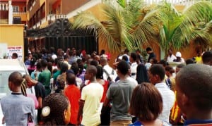 Candidates for the Unified Tertiary Matriculation Examination (utme), at the entrance of Top Ville College, venue of the utme computer based test in Igbo-Olomu, Ikorodu in Lagos on Saturday.