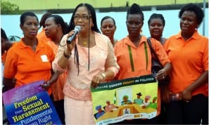 Mrs. Atosemi Teetito (2nd left) Perm Sec, Ministry of women affairs addressingNawoj member during a peace walk to comemorate international women’s day in Port Harcourt. Ibioye Diama