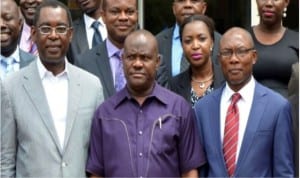 L-R: Rivers Commissioner for Justice and Attorney General, Mr Emmanuel Aguma (SAN), Rivers State Governor, Chief  Nyesom Wike  and Chairman, Nigeria Bar Association, Port Harcourt branch, Mr Denis Okwakpam, after the governor's inauguration of the Local Organizing Committee for the 2016 NBA Conference in Port Harcourt on Wednesday